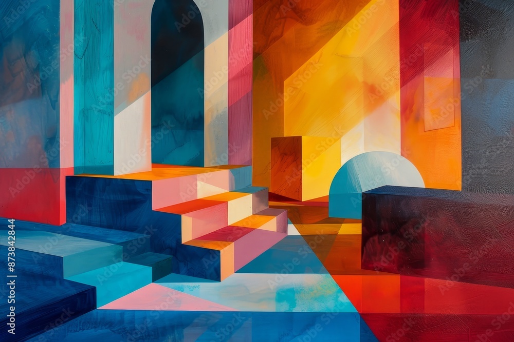 Poster a painting depicting a stairway ascending towards a building, with abstract shapes and shadows creat