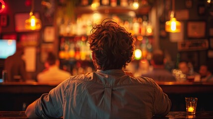 Obraz premium Man, at bar, watching friends socialize, medium closeup, dimly lit bar, vibrant nightlife, social inclusion, emotional distance, high contrast, moody vibes.,