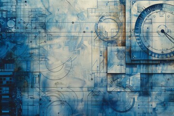 Painting featuring a clock with intricate details on a vivid blue background, Artistic interpretation of a blueprint with decorative embellishments