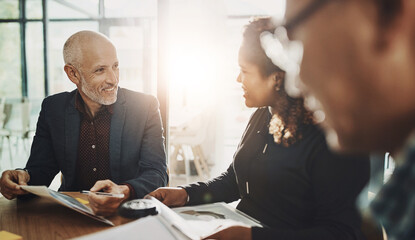 Financial advisor, accounting or mature businessman in meeting for budget strategy or paperwork....
