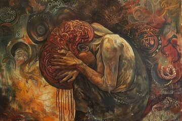 A painting depicting a person holding a brain, showcasing the emotional impact of life, Artistic interpretation of the emotional toll of living with chronic stomach ulcers