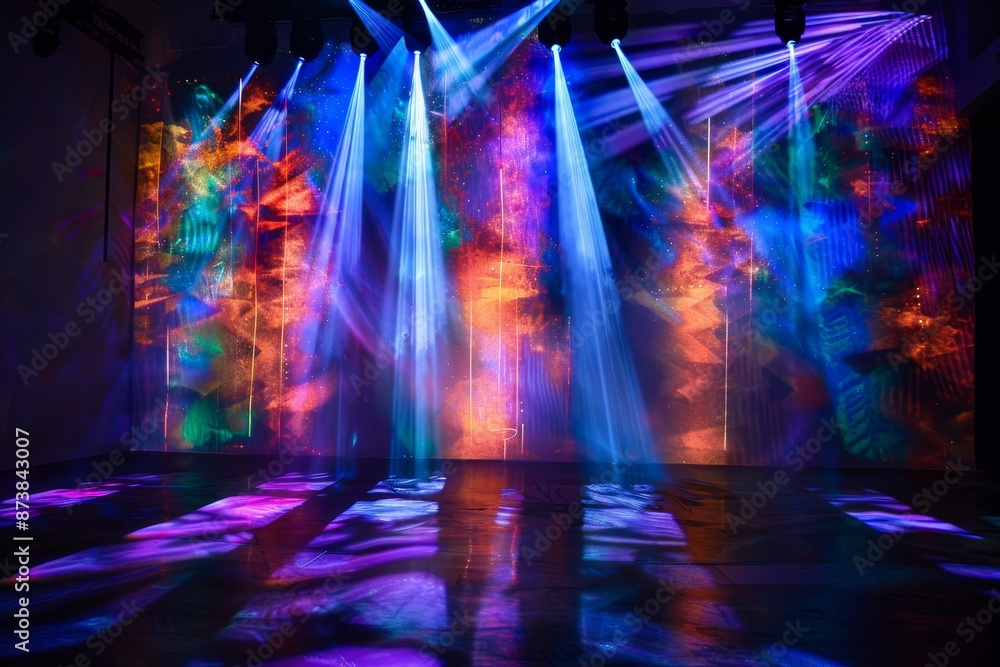 Poster a room filled with numerous bright colored lights creating a vibrant and colorful ambiance, artistic