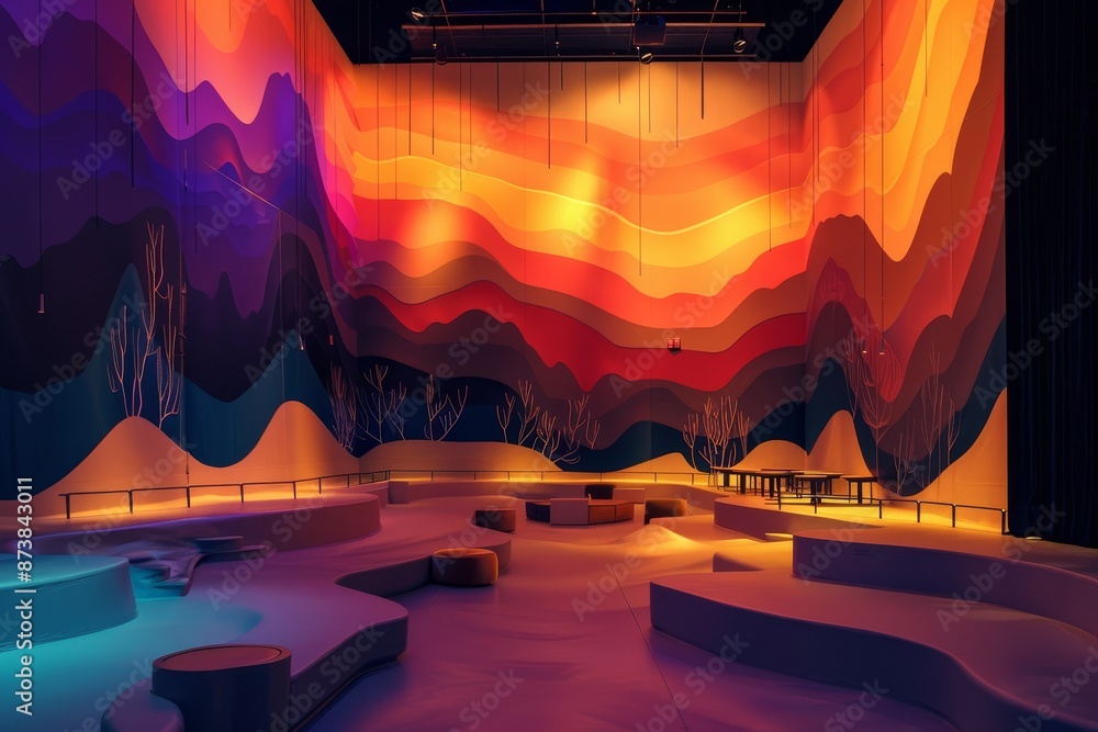 Poster a room displaying a significant mural on the wall, adding a bold artistic element to the space, arti