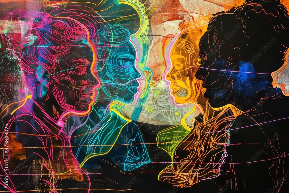 Poster a group of individuals standing next to each other in a social setting, engaging in conversation and