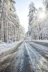 Winter road. Wide angle image of a road through a winter forest on a sunny day. Snow-capped trees and road covered with ice.