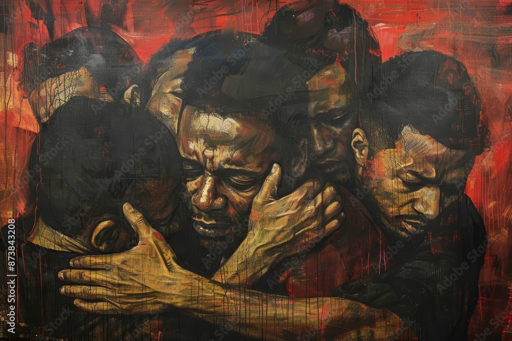 Poster a painting depicting a group of men embracing each other in a show of unity and solidarity, artworks
