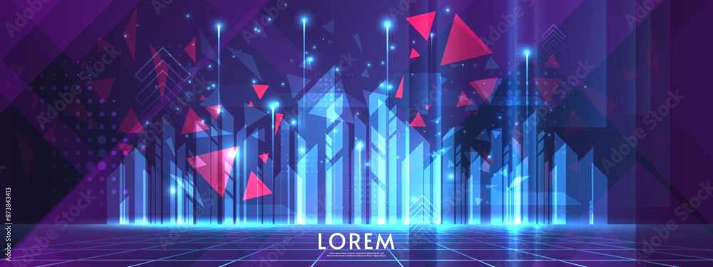 Poster horizontal dark background with glowing neon blue shapes and lights. red triangles elements. vector 
