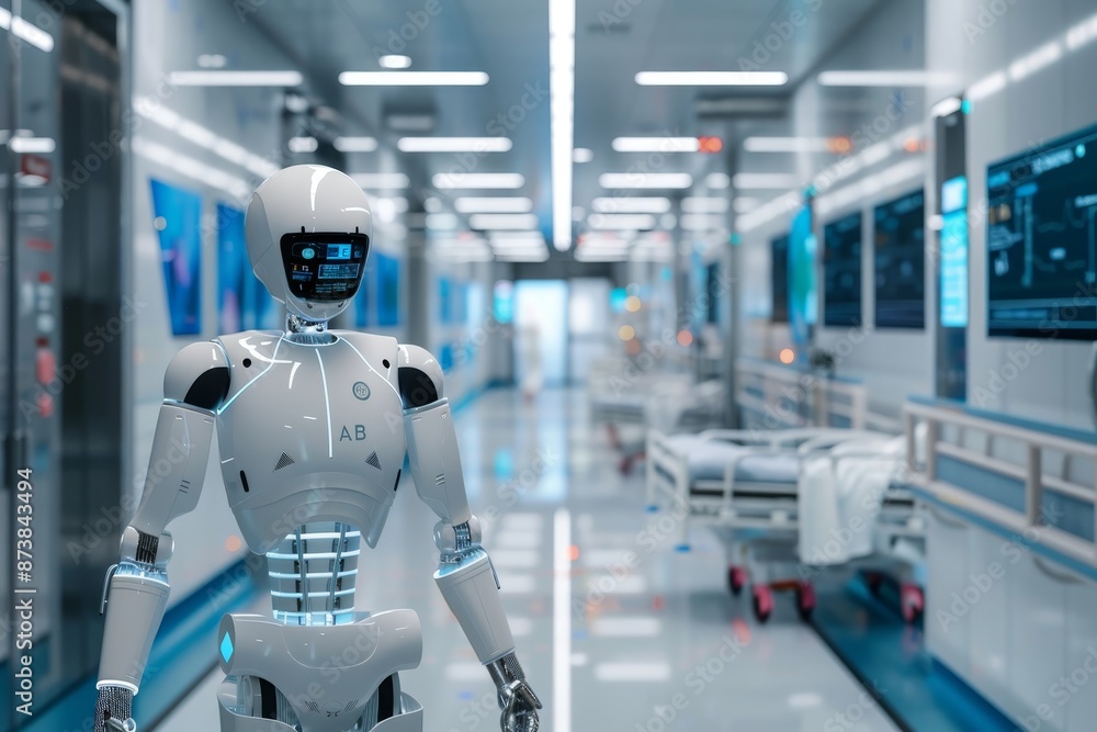 Poster robot walking in hospital corridor, automating administrative tasks in healthcare facilities to incr