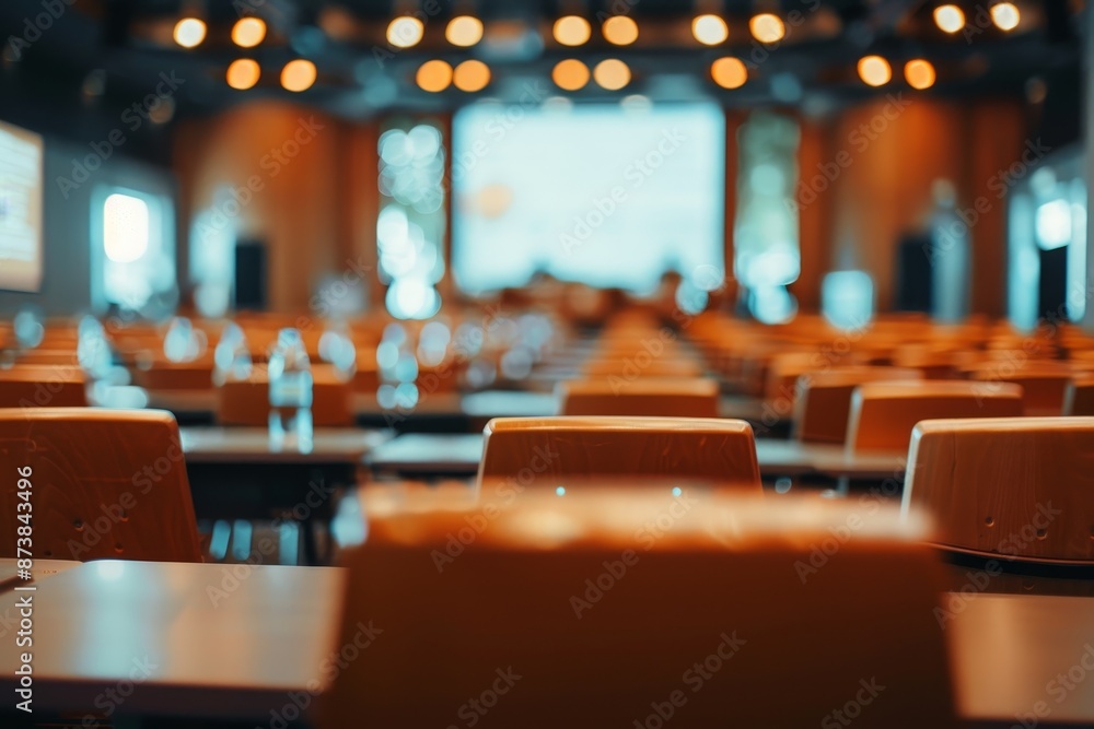 Aufkleber multiple rows of tables and chairs neatly arranged in a restaurant setting, attending financial conf