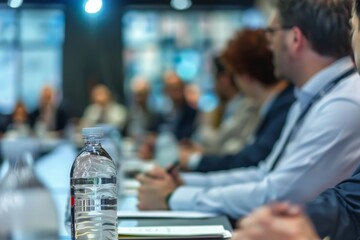 A bottle of water is placed on top of a table, Attending financial conferences and workshops to stay updated on industry trends
