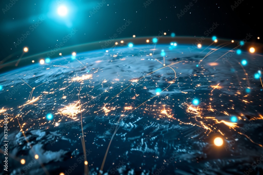 Poster network lines connecting cities and continents on a world map, global business internet network inte