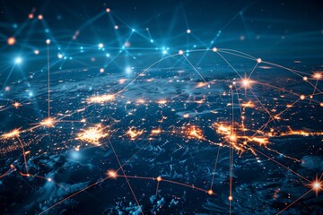 Network lines connecting cities and continents on a world map, Global business internet network internet connection of things business intelligence, AI generated