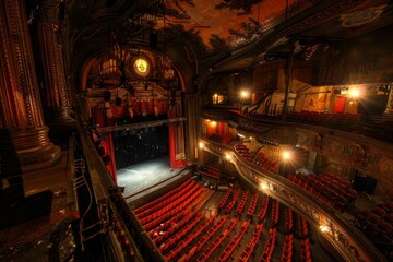 Obraz premium Overlooking the auditorium from a balcony, showcasing seats, stage, and lights in a performance space, Balconies overlooking the stage below
