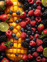 Fototapeta premium A Stunning Display of Assorted Fresh Fruits and Berries Including Grapes, Cherries, Strawberries, and Exotic Varieties, Hanging in a Beautiful Arrangement with Water Streams