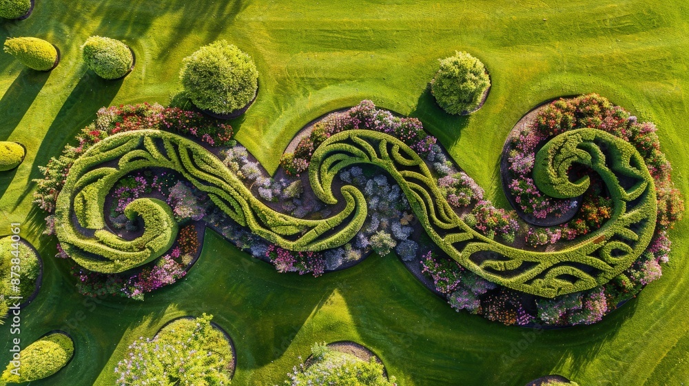 Poster a perfectly maintained topiary landscape from above, showing intricate designs of spirals and waves 