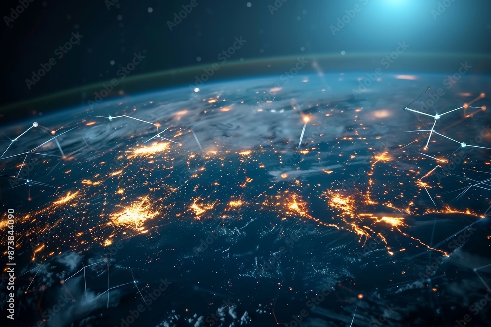 Poster network lines connecting cities and continents on a world map, global business internet network inte