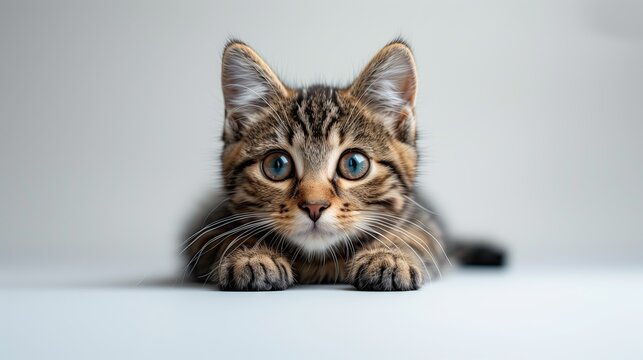 Studio shot of a tiger cat sitting and looking forward on a grey background.