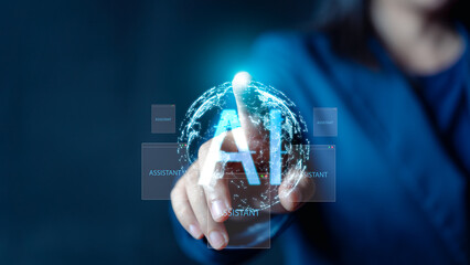 Discover the future of work with a woman utilizing a virtual screen to access AI systems, collaborating with AI assistants, and processing large data sets for faster and easier information access