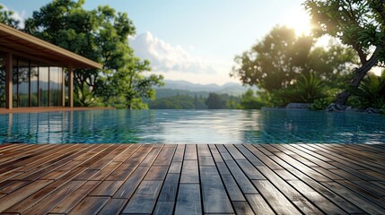 Wooden top with blurred empty swimming pool background for product display for advertising.