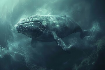 A whale gracefully swims through the water, Beautiful creature with a haunting cry that echoes through the ocean