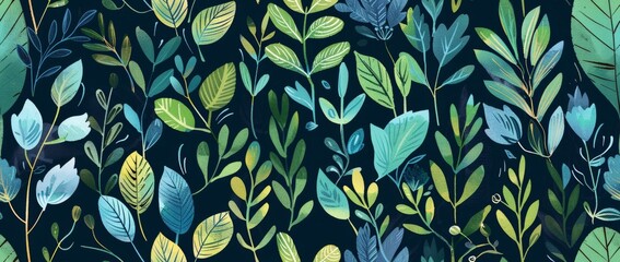 A seamless pattern celebrating the natural beauty of trees, leaves and plants in rich shades of green and blue.