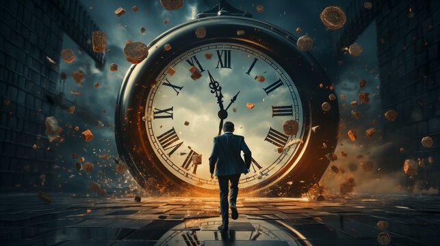 businessman standing in front of clock