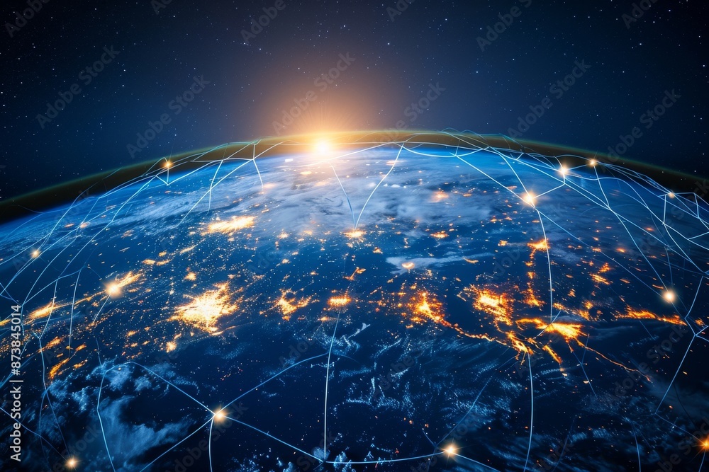 Poster global network lines linking continents, representing interconnectedness. global business internet n