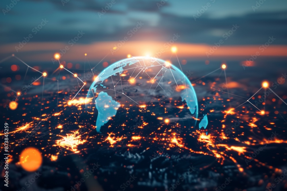 Poster global network lines linking continents, representing interconnectedness. global business internet n