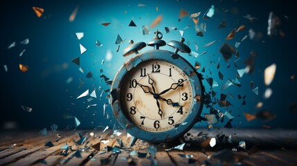 Broken Alarm Clock Surrounded by Falling Confetti on Blue Background