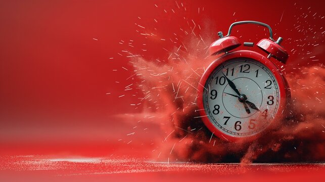 Red Alarm Clock Exploding in Dust Cloud