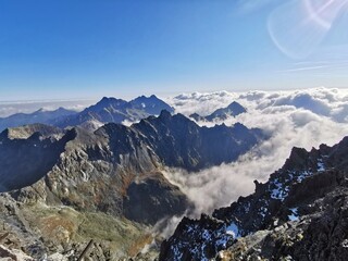 Mountains and clouds. Slovakia, Gelachs peak, Gerlachovský štít, hiking in the mountains