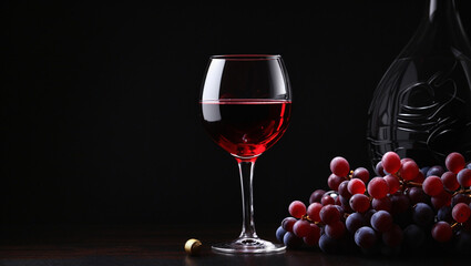 A single glass of red wine, full to the rim, sitting on a dark surface next to a bunch of red grapes.

