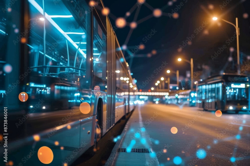 Poster nighttime scene of a bus moving along a street with illuminated buildings, global business internet 