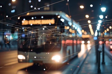 A bus with glowing headlights driving down a city street at night., Global business internet network internet connection of things business intelligence, AI generated