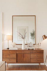 A luxurious contemporary home interior with clean design featuring a bathroom, kitchen, furniture, mirror, wood accents, and stylish decor