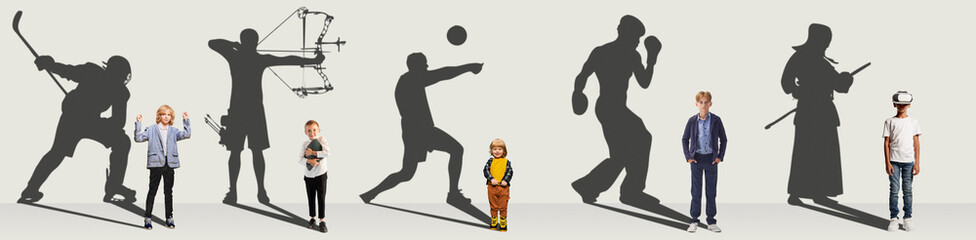 Conceptual collage. Little boys, children visualizing the future of famous athletes. in shadows of people showing different spots, white background. Concept of childhood, future, dreams, imagination