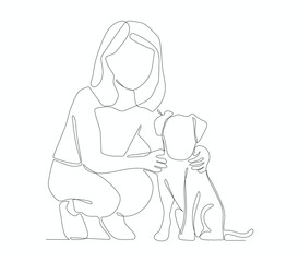 One continuous line drawing of a woman is playing with her pet by hugging and carrying it, vector illustration.