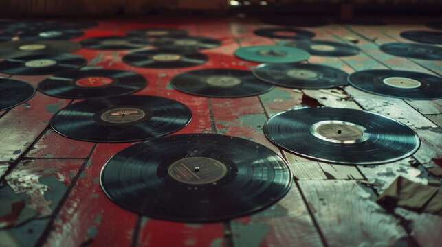A dozen vinyl records lay strewn on the floor.