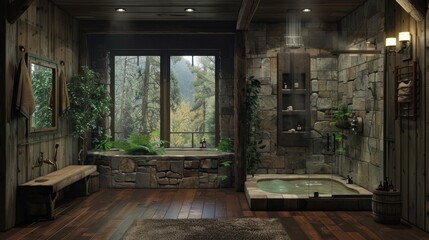 Fototapeta premium Rustic bathroom styles blend natural wood and stone, creating a cozy, earthy ambiance. Vintage or distressed furniture adds a timeless charm to the space. 