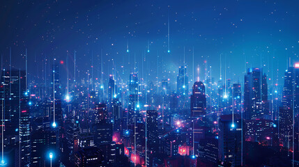 Fototapeta premium Above a smart city, telecommunication connections weave through a futuristic cityscape, embodying concepts such as the Internet of Things (IoT), fintech innovations, blockchain technology, 5G LTE