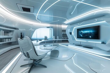 Contemporary office design with white furniture and a large screen, Futuristic technology open space office interior, Futuristic office design with modern technology equipment generated, AI generated