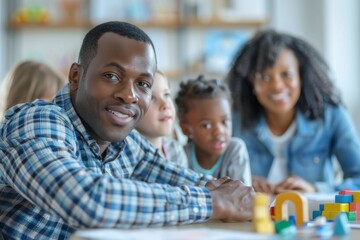 A financial planner meeting with a family, discussing budgeting and savings plans. The parents are listening intently while the children play with educational toys in the background. The planner uses
