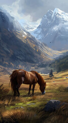 Obraz premium sturdy pony grazing in a vast mountain valley, surrounded by towering peaks and lush meadows, showcasing the serene beauty of nature