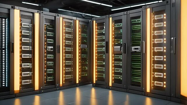Organized server racks in secure data center. Digital backbone background video