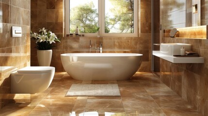 Fototapeta premium Contemporary bathroom styles blend modern aesthetics with softer elements like curved lines, neutral tones, and emphasis on comfort, creating a serene and inviting space. 