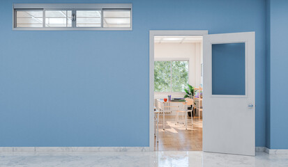 Open Doorway to Classroom with Desks and Chairs. Copy Space