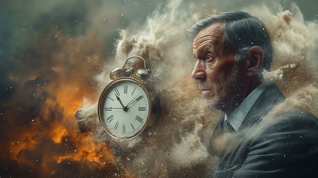 businessman against the background of an exploding alarm clock in fire