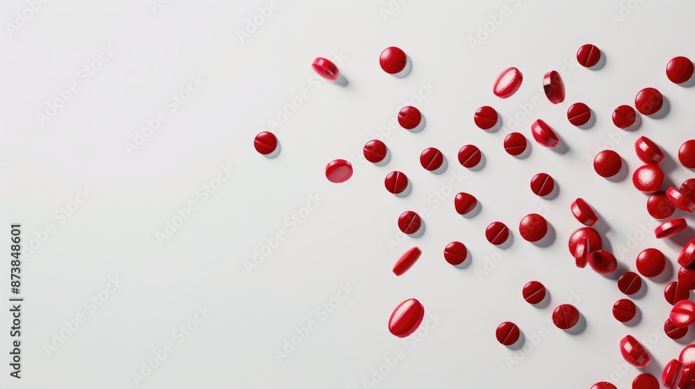 Poster red pills falling on blank background with space for text