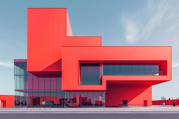 Contemporary red building, bold color, modern design, striking architecture, urban landscape, minimalist style, isometric perspective, digital art 