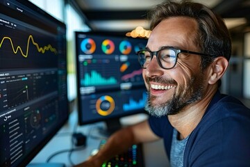beautiful man with a well-groomed beard and eyeglasses is smiling and laughing as he uses a computer and dashboard for data business analysis and Data Management System with KPI